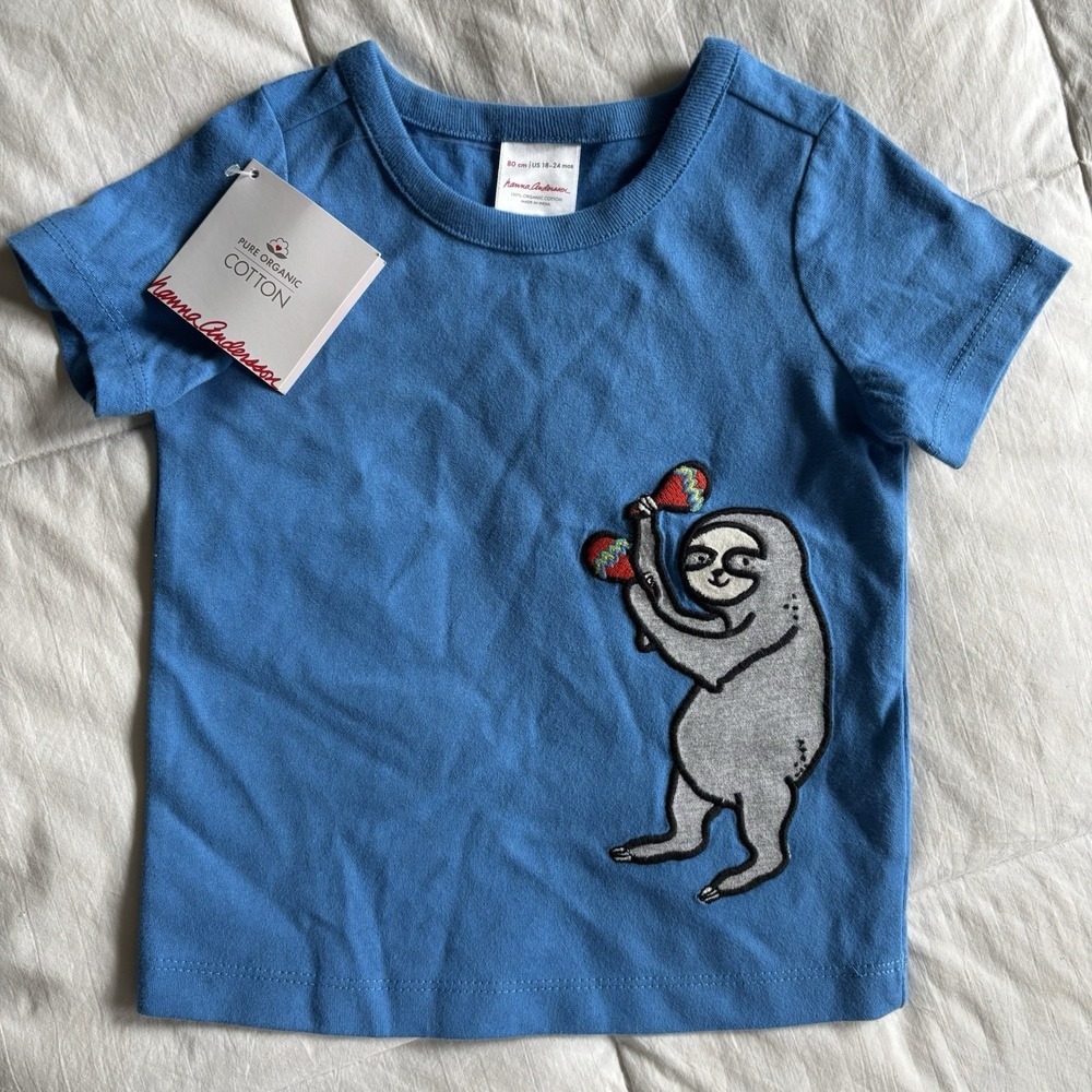 NWT Hanna Andersson Fiesta Sloth Tee Shirt 18-24mo Organic Cotton Blue Unisex - Picture 2 of 13